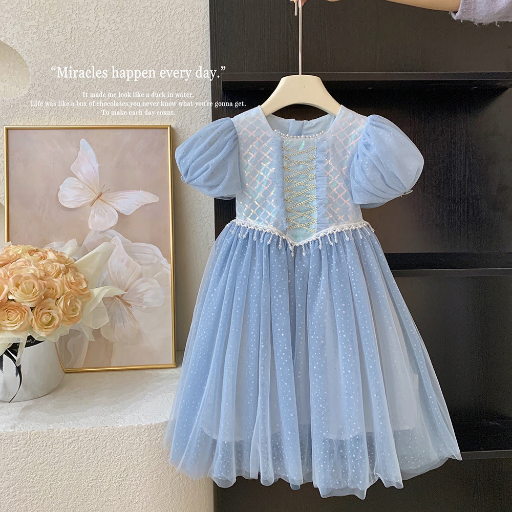 Girls' sleeveless summer dress  spring new arrival princess dress mesh off-shoulder sleeves pearl embellished skirt trendy