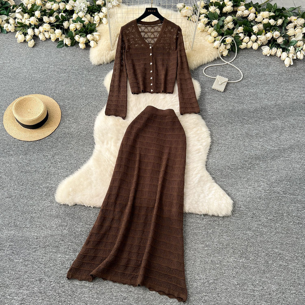 Korean style women's gentle & chic versatile v-neck long sleeve crochet knit cardigan with high-waisted midi skirt set