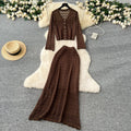 Korean style women's gentle & chic versatile v-neck long sleeve crochet knit cardigan with high-waisted midi skirt set