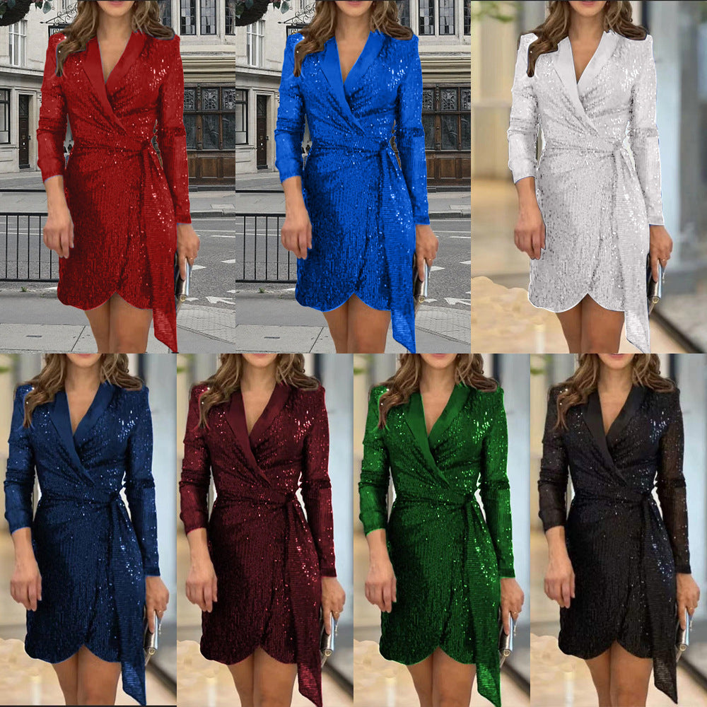 new european and american independent fashion women's sexy cinched waist multi-color sequin suit collar tie-up dress