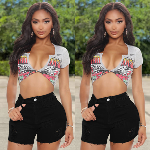 European and American women's jeans  WISH  high waist slim fit ripped denim shorts women
