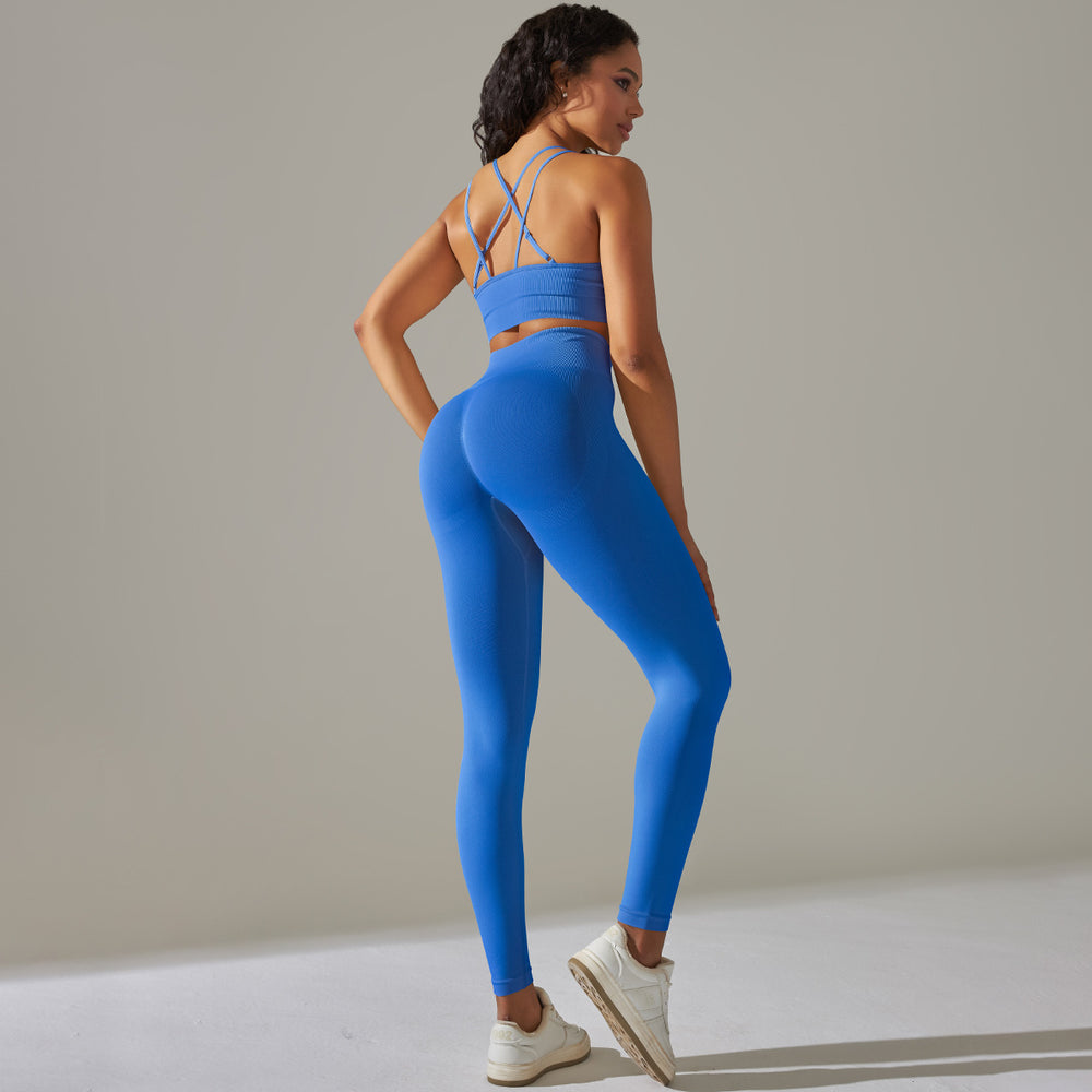 Spring/summer new solid color knitted seamless peach lift leggings with sports bra set - yoga & fitness apparel for women