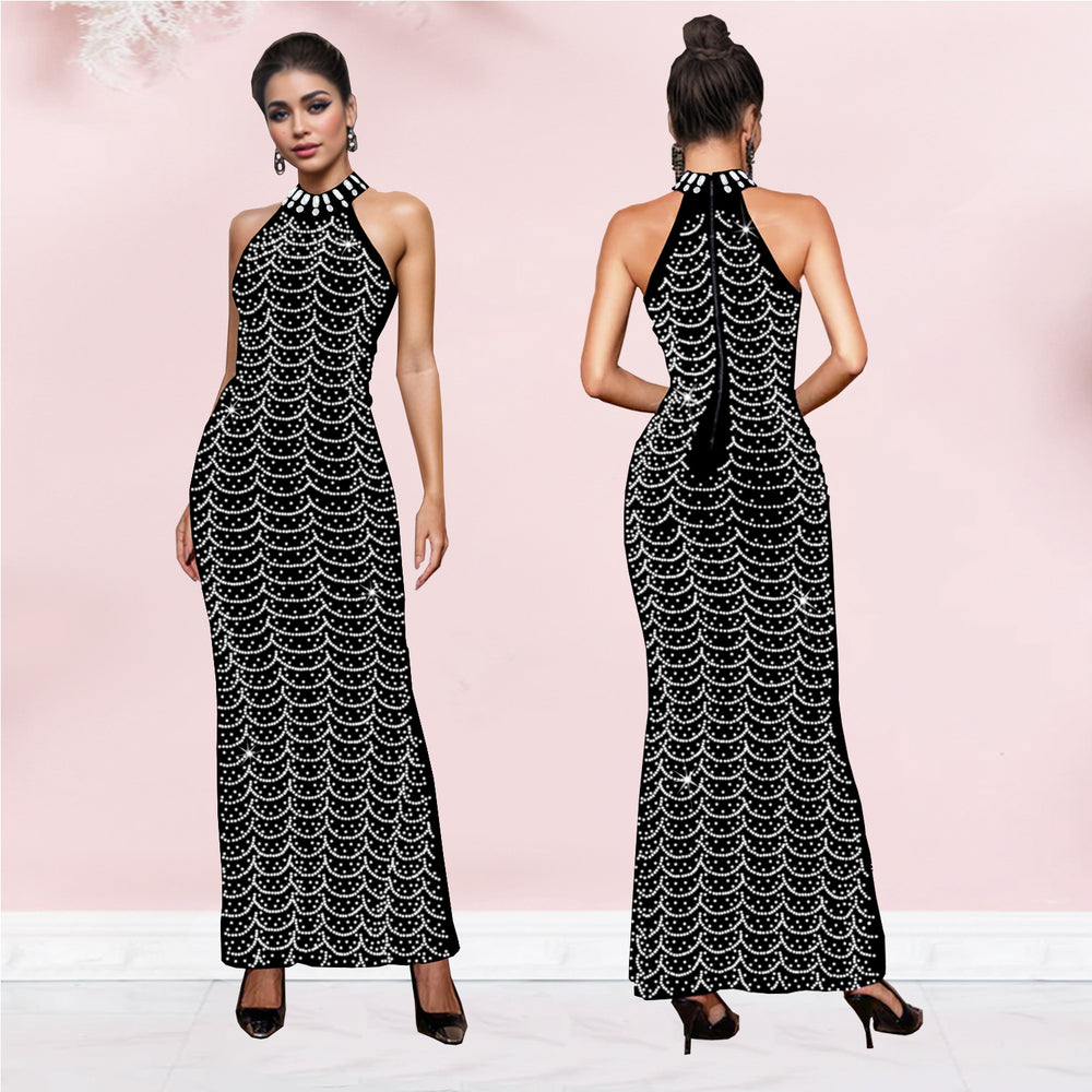 C7140 cross-border   fashion women's halter neck elegant maxi dress rhinestone slim fit dress