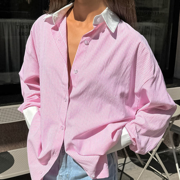 European and American design sense splicing pink striped shirt women's spring versatile loose lapel long-sleeved top outer shirt