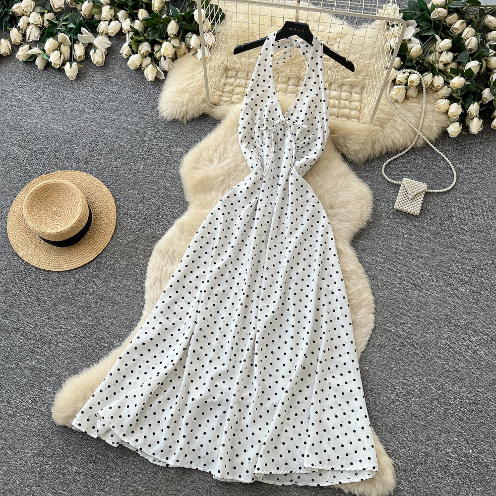 French halter polka dot sexy backless dress women's summer red deep v neck waist elegant vacation style long dress