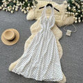 French halter polka dot sexy backless dress women's summer red deep v neck waist elegant vacation style long dress