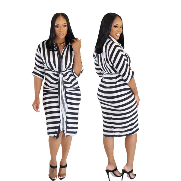TW645  summer European and American style black and white striped shirt skirt waist strap  supply casual dress