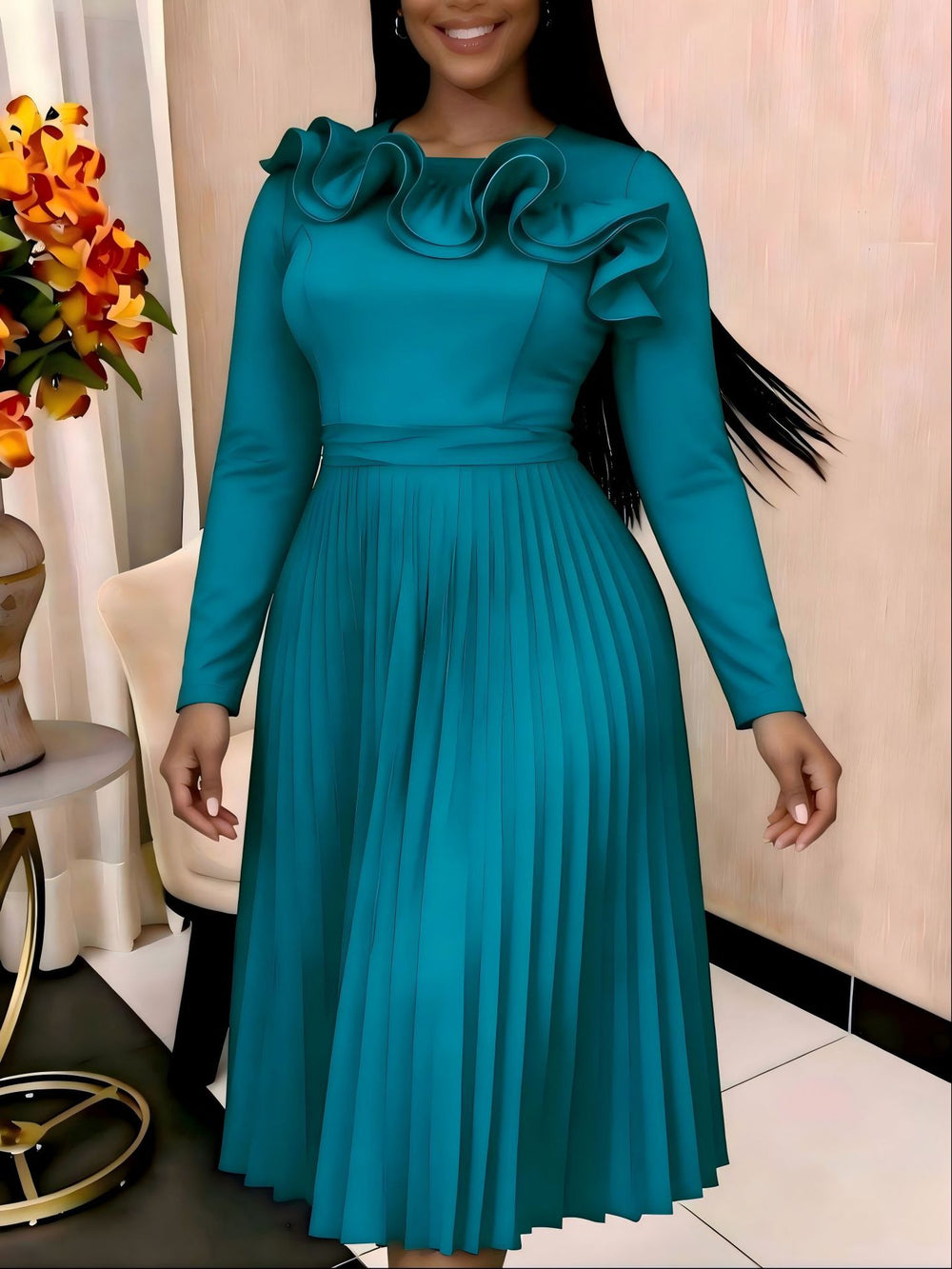 New plus size solid color midi pleated skirt ruffle collar long sleeve round neck elegant dress