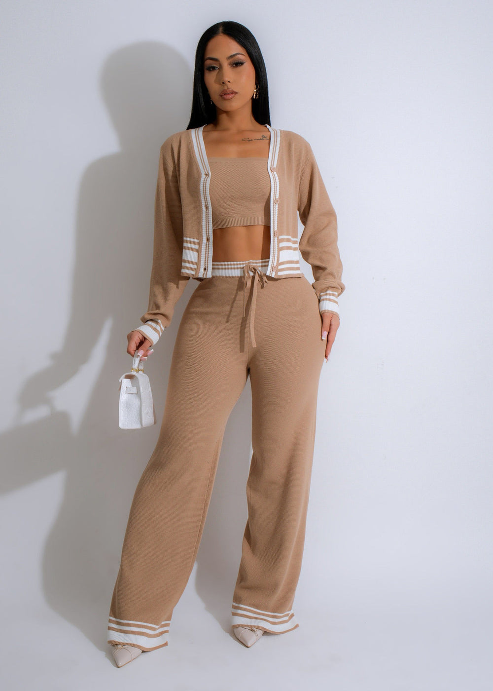 e-commerce source factory: new autumn/winter european and american style women's striped cardigan knit casual three-piece set