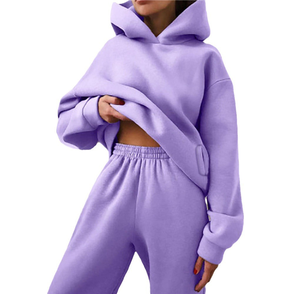 cross-border e-commerce european and american women's clothing: new summer collection - solid color activewear hoodie and casual pants two-piece set