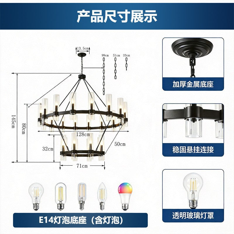 American industrial double-layer ring personalized chandelier house high-ceiling living room multi-head iron chandelier hotel engineering chandelier