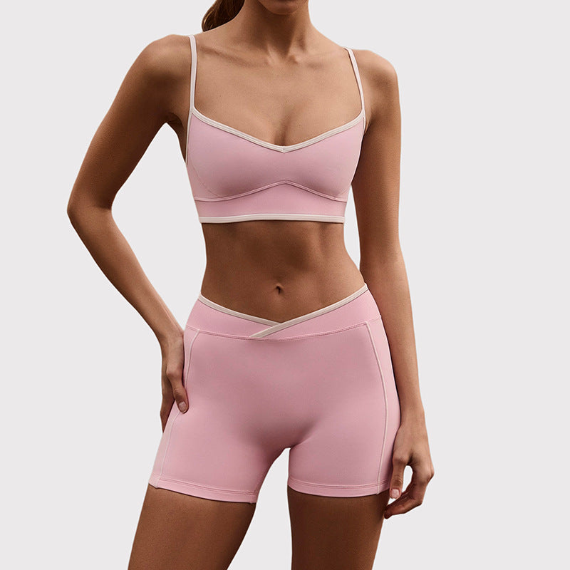 High-waisted, figure-hugging, color-blocked, cross-border camisole, shockproof, push-up, high-waisted, butt-lifting running and fitness shorts yoga set for women