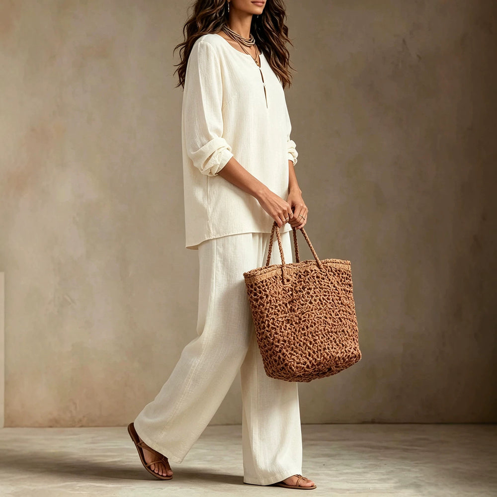 european and american plus size off-white cotton linen two-piece set: small v-neck, half-open placket long sleeve top and loose wide-leg pants