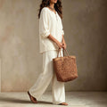 european and american plus size off-white cotton linen two-piece set: small v-neck, half-open placket long sleeve top and loose wide-leg pants
