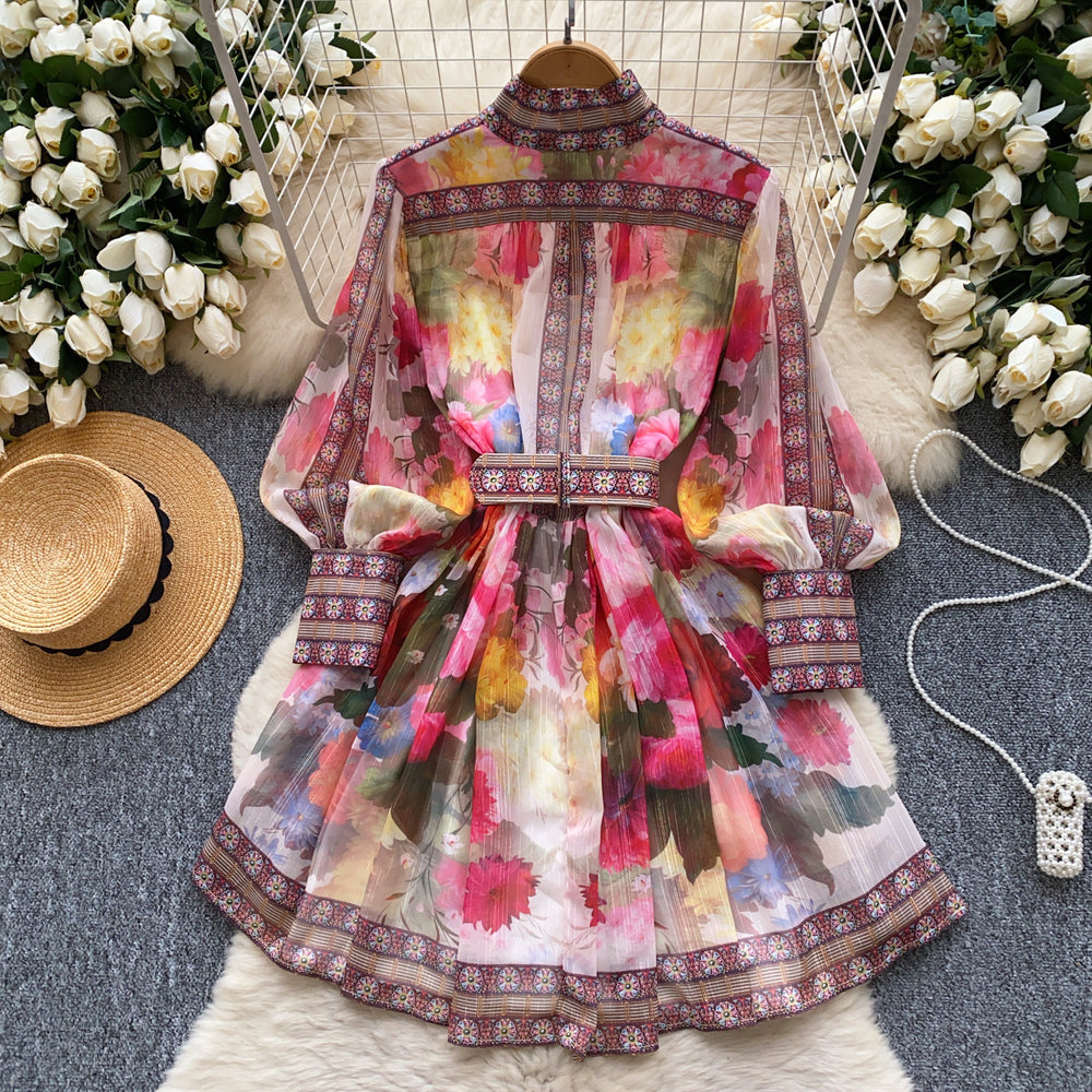 Fashionable and high-end positioning printing lantern sleeves tie back waist stand collar single-breasted fluffy elegancedress