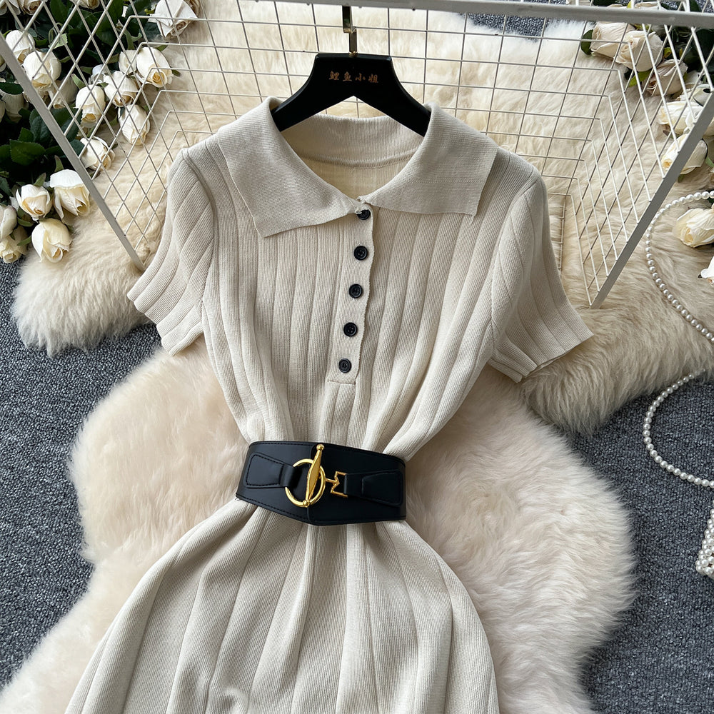 Frenchretropolo collar short-sleeved button cardiganknittingdress women's waist slimming look inner sweater skirt long skirt