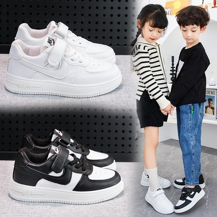 Children's white shoes spring and autumn boys white sports shoes primary school students school flat girls shoes Velcro white shoes