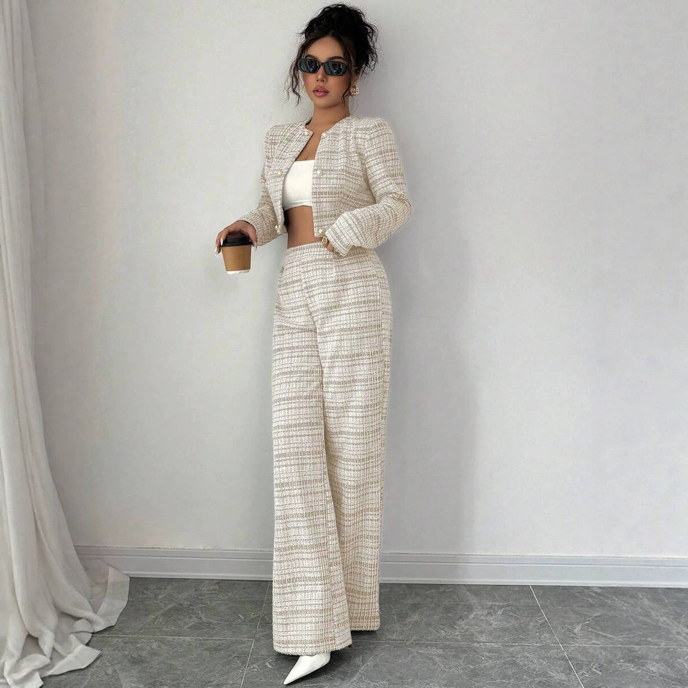 Versatile retro houndstooth elastic high-waisted wide-leg casual pants for women - autumn/winter loose fit, drapey, floor-length straight-leg trousers