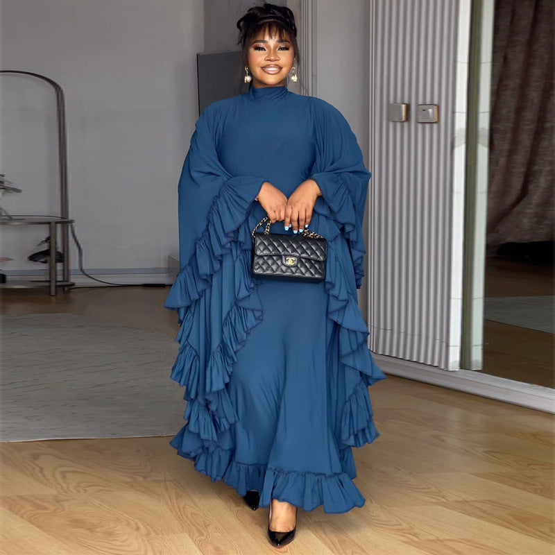 European and American  women's clothing 2025 autumn new fashion semi-turtleneck bat sleeve splicing ruffle dress dress