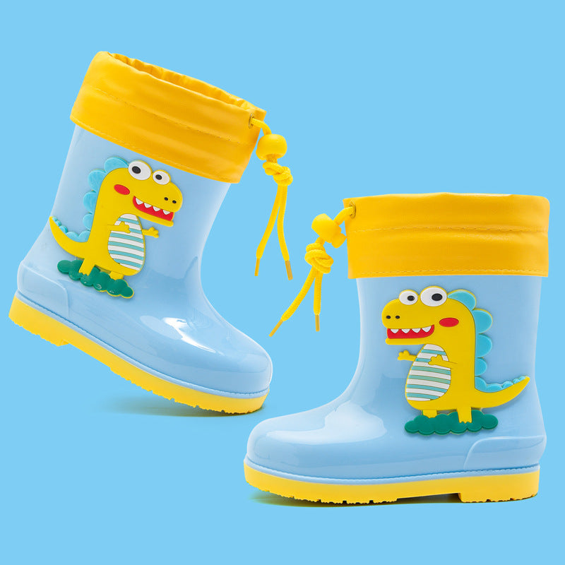 Kids' fashion waterproof warm rain boots - cute cartoon dinosaur design, non-slip, drawstring closure, all-season rain boots for boys and girls