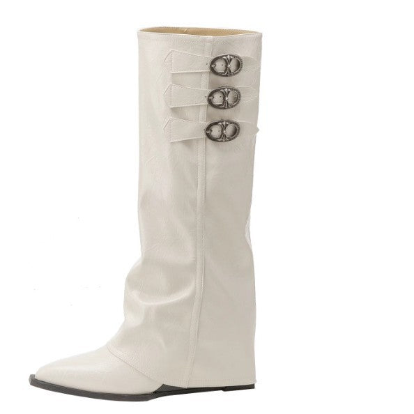 French pointed toe hidden heel knight boots belt boots wedge heel trousers fall and winter legs super high heel over the knee fashion boots