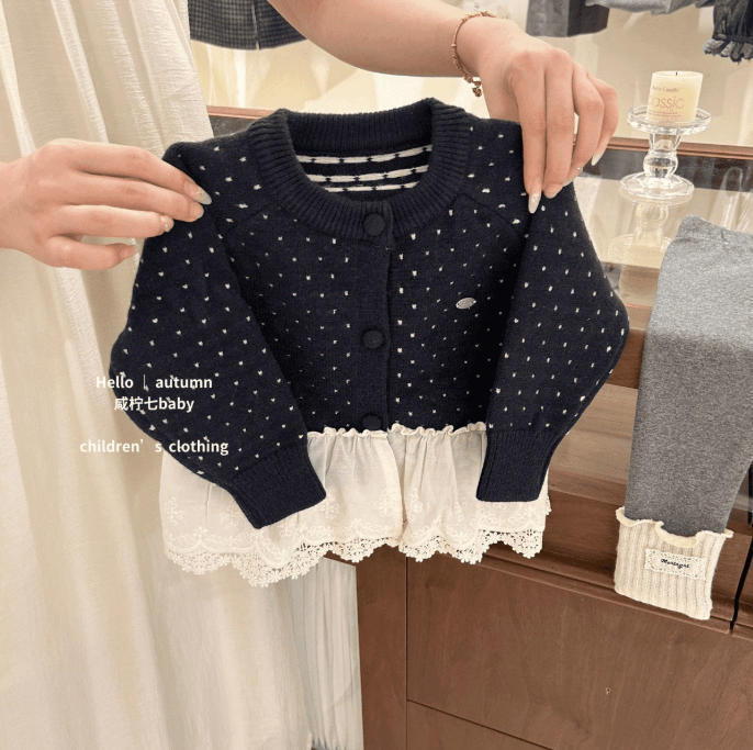 Girls' outfit:  autumn new lace trim sweater cardigan and scrunch socks two-piece set