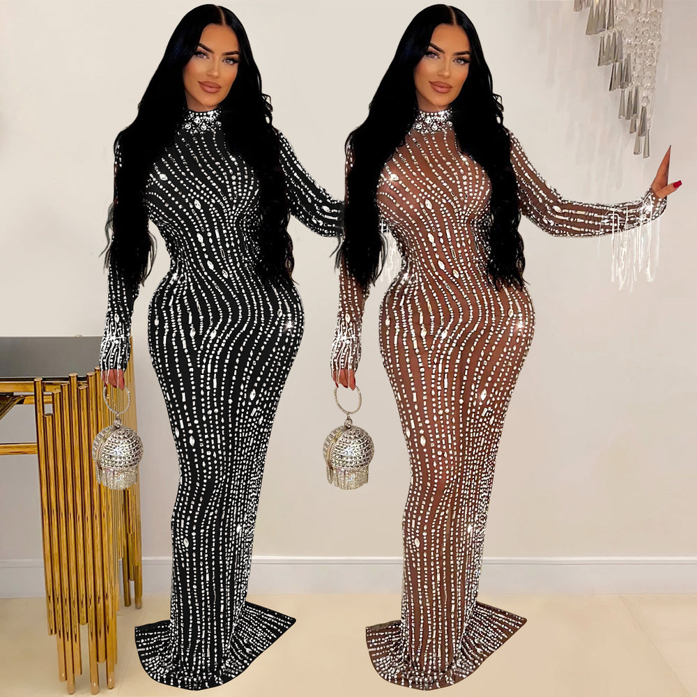 C6919 cross-border   independent station fashion women's solid color mesh rhinestone dress