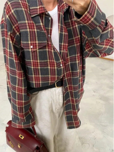 cross-border vintage style versatile turn-down collar loose fit shirt - spring/autumn plaid long sleeve pocket women's blouse