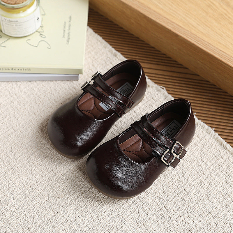 Girls' retro mary jane flats - new fashionable double-breasted versatile children's shoes - velcro soft sole leather shoes