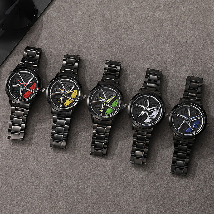 New hollow-out creative tech men's steel band watch with rotating bezel - cross-border quartz watch