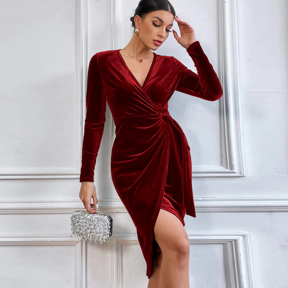 hot selling european and american sexy long dress v-neck bodycon asymmetrical dress cocktail party gown for women