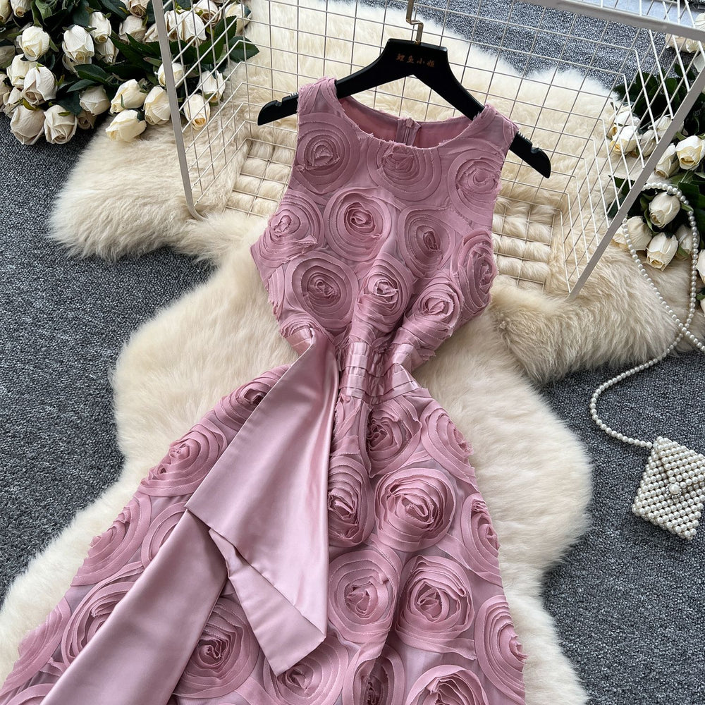 High-end elegant women's dress -  summer french style, heavily embellished 3d floral, cinched waist, sleeveless evening gown maxi dress