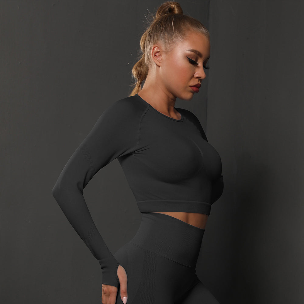 Summer solid color knit seamless fitness top - sweat-wicking, shaping, compression long sleeve running, training, and yoga apparel for women