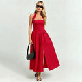 Frenchretrohaltertie backdress women's backless waist large slit red atmosphere vacation mid length skirt