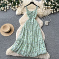 French sweet floral print cami dress - women's summer mint green lace trim, slim fit, vacation maxi dress