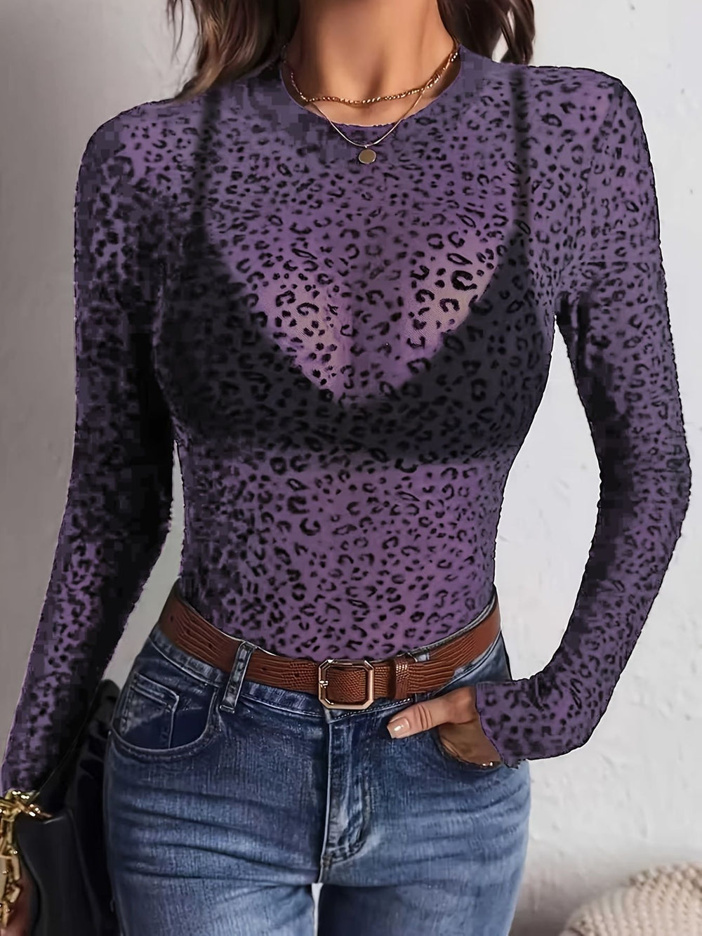 Amazon fashion women's cut outsee-through t-shirt long sleevespulloverfashion leopard print silm bottom shirt tops