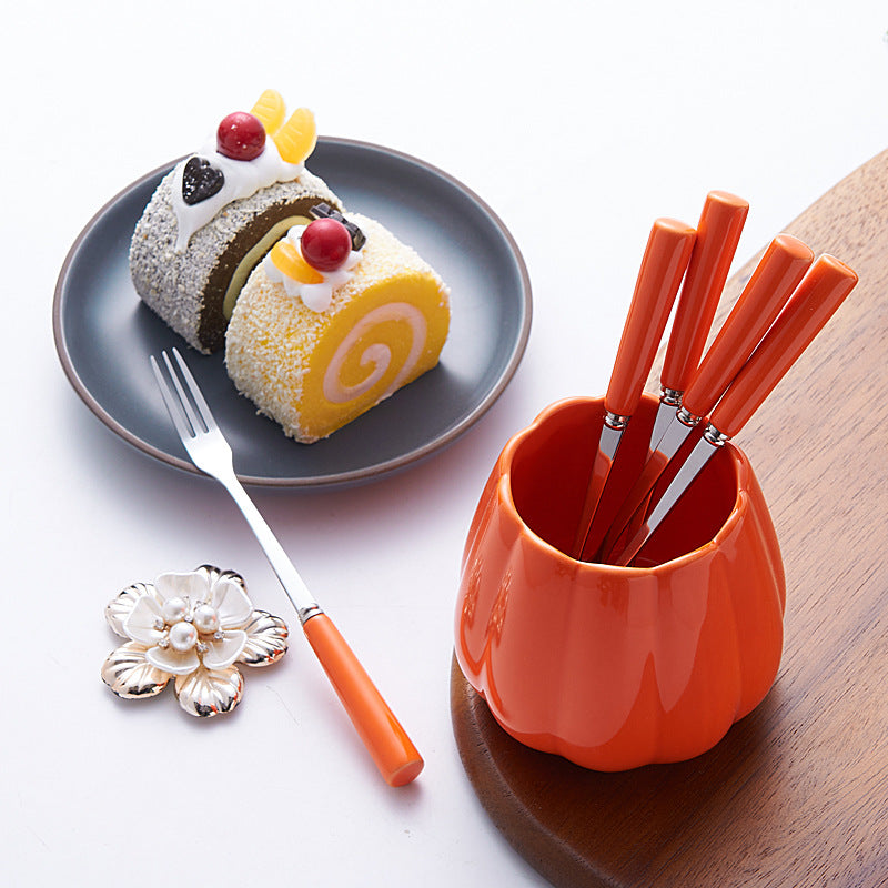 Stainless steel fruit fork set with premium ceramic storage jar, fruit picks, home watermelon forks, and stylish spoons