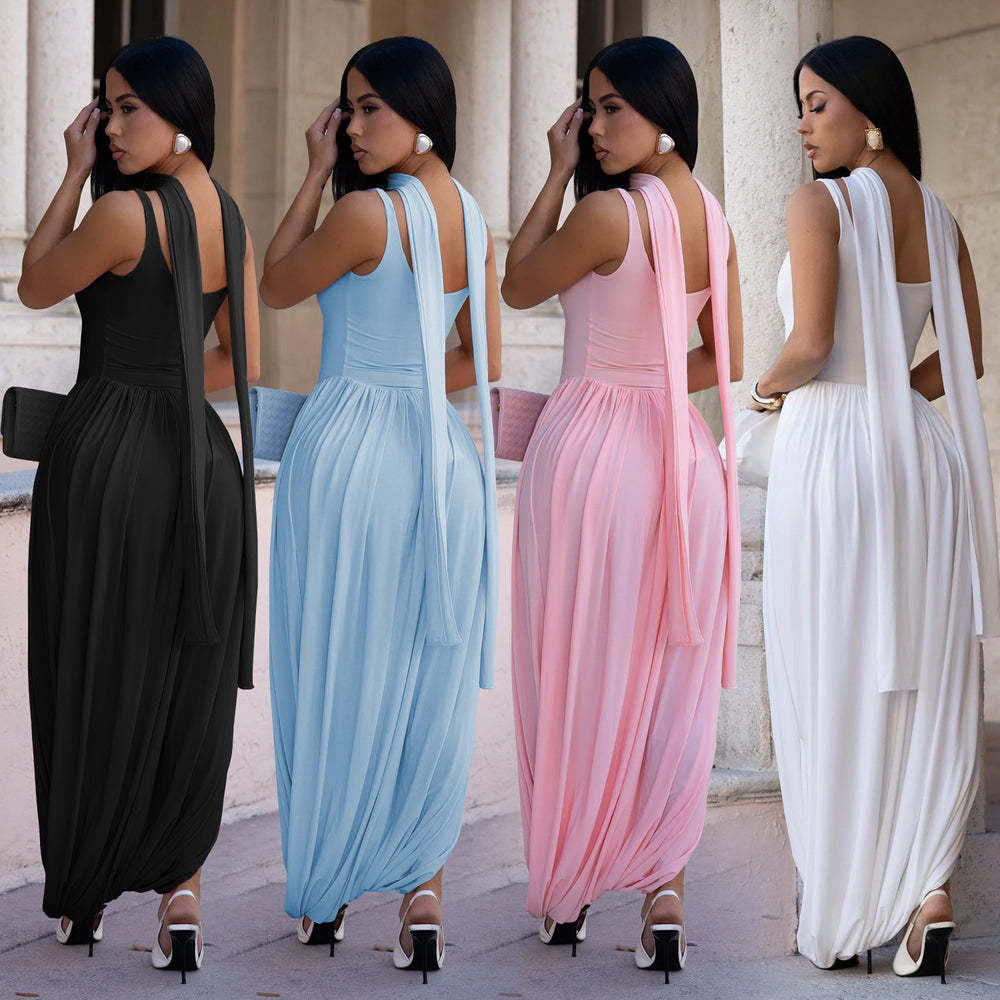 C7659 cross-border   fashion women's sexy solid color slit ribbon dress set
