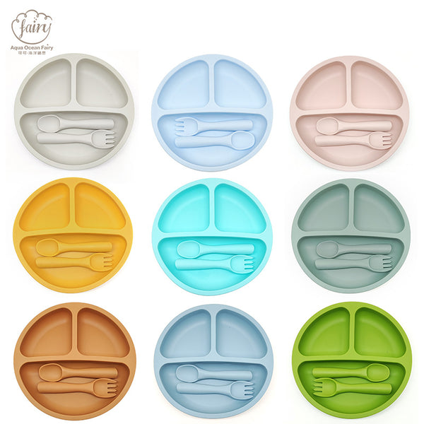 Wholesale baby silicone suction cup tableware, anti-scalding and anti-dirty round dinner plate fork and spoon, simple wind silicone tableware set