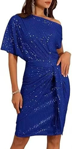 european and american cross-border women's beaded and sequined party club one-shoulder ruched evening gown fashion dress