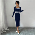 new  cross-border european and american women's clothing color block midi dress sexy bodycon long sleeve dress
