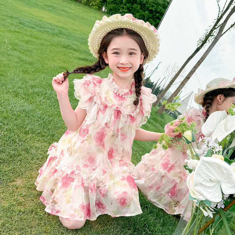 Girls' sweet princess style dress -  summer new arrival - kids' chic floral fairy baby mesh skirt