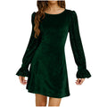 european and american   women's fashion solid color round neck gold velvet sequin long sleeve dress