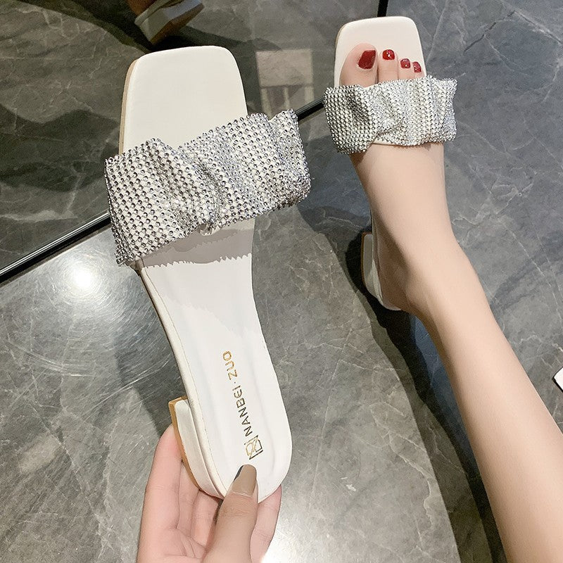 New 2024 flip-flops & sandals for women - open toe, chunky heel, adhesive style, mid-heel, fashionable summer sandals with rhinestone detail