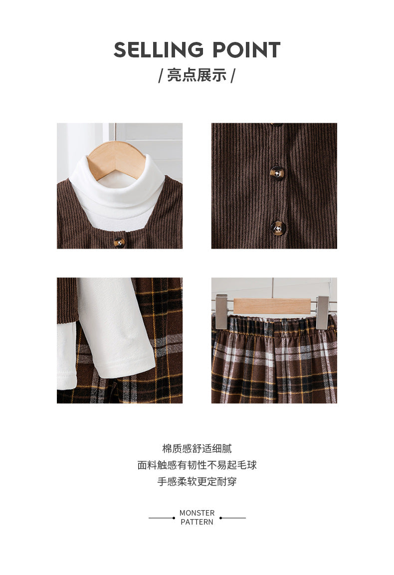 Export kidssuit brown corduroy vest high collar bottom shirt plaidpantsgirl british style three-piece set