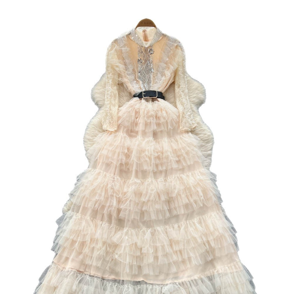 French chic sequin & beaded embellished mesh a-line maxi dress - slimming, elegant, and flattering