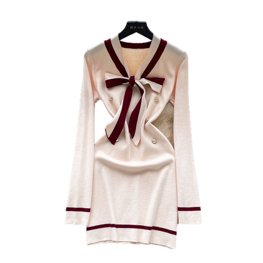 Xiaoxiangfengclassy contrast colorbows strappy long sleevesdress women's metal buckle waist slimming lookknitting short skirt