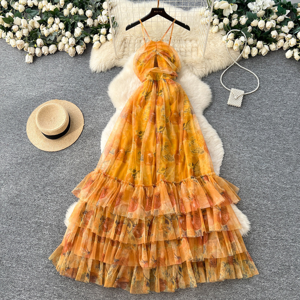 Vacation style halter sleeveless printingdress women's spring summer breathable layered mesh cake skirt slimming look long skirt