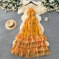 Vacation style halter sleeveless printingdress women's spring summer breathable layered mesh cake skirt slimming look long skirt
