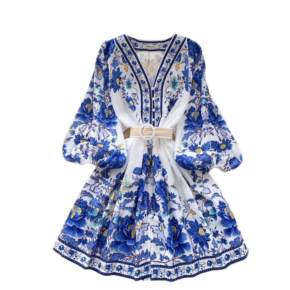 European fashion printed dress - women's court style, slimming a-line mini dress with v-neck, lantern sleeves, and pleated detailing